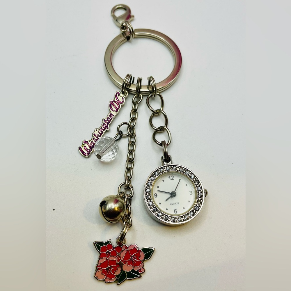 Rhinestone Accent Keychain Watch w/ Washington DC, Beads, Flower Charms - Silver